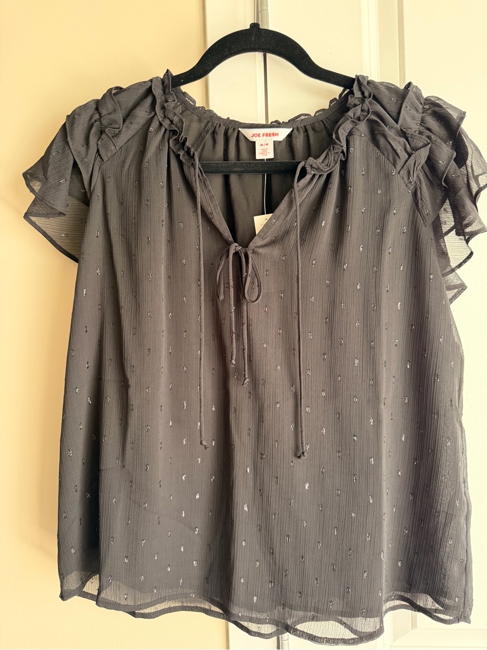 Joe Fresh Black Ruffle Tie-Neck Blouse with Subtle Dot Texture